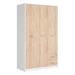 Wardrobe NEPO 118 cm, 3 doors and 2 drawers, white with sonoma oak