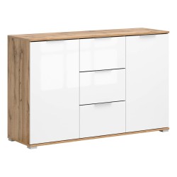 Chest of drawers ZELE 135 cm, 2 doors and 3 drawers, wotan oak with white high gloss