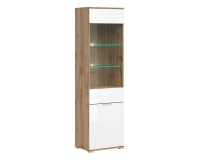 Display cabinet ZELE 56 cm, 1 glass door and 1 door, wotan oak with white high gloss