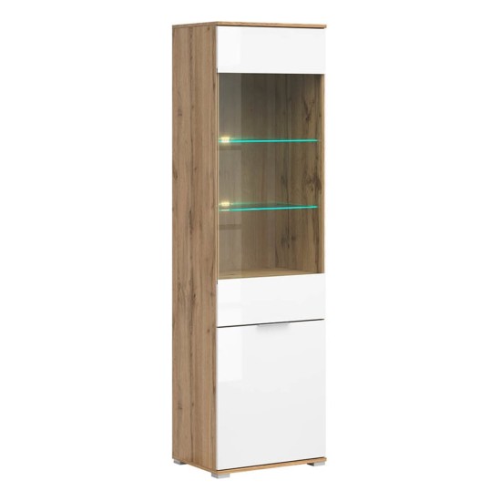 Display cabinet ZELE 56 cm, 1 glass door and 1 door, wotan oak with white high gloss