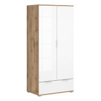 Wardrobe ZELE 90 cm, 2 doors and 1 drawer, wotan oak with white high gloss