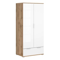 Wardrobe ZELE 90 cm, 2 doors and 1 drawer, wotan oak with white high gloss