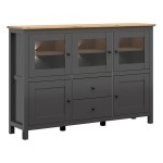 Chest of drawers HESEN 186 cm, 3 glass doors, 2 doors and 2 drawers, graphite with artisan oak