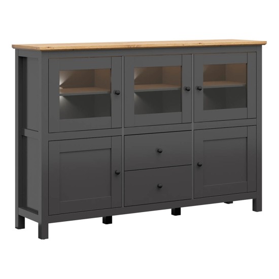 Chest of drawers HESEN 186 cm, 3 glass doors, 2 doors and 2 drawers, graphite with artisan oak
