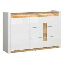 Комод ALAMEDA 147 см, 1 дверь и 3 ящика, белый глянец с дубом