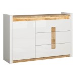 Chest of drawers ALAMEDA 147 cm, 1 door and 3 drawers, white high gloss with oak