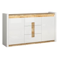 Chest of drawers ALAMEDA 172 cm, 2 doors and 3 drawers, white high gloss with oak