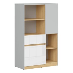 Chest of drawers NANDU 80 cm, 2 doors and 1 drawer, grey with oak