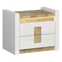 Bedside table ALAMEDA 62 cm, 2 drawers, white high gloss with oak