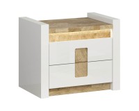 Bedside table ALAMEDA 62 cm, 2 drawers, white high gloss with oak