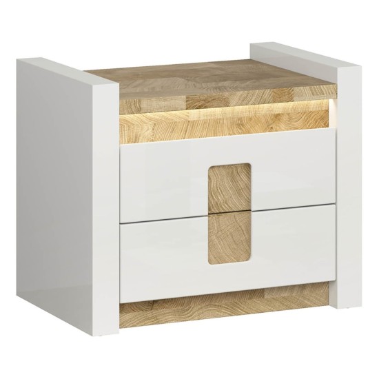 Bedside table ALAMEDA 62 cm, 2 drawers, white high gloss with oak