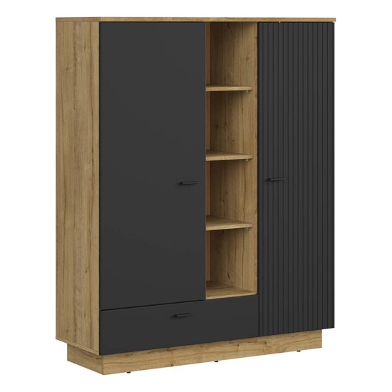 Chest of drawers ZENDA 117 cm, 2 doors and 1 drawer, oak with black Chest of drawers ZENDA 117 cm, 2 doors and 1 drawer, oak with black