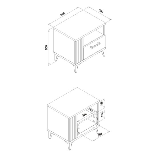 Bedside table ARIS 52 cm, 1 drawer, left or right, evoke oak with black gloss