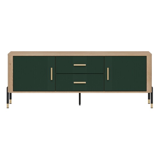 TV unit DANTE 164 cm, 2 doors and 2 drawers, cremona torro oak with green matt fronts TV unit DANTE 164 cm, 2 doors and 2 drawers, cremona torro oak with green matt fronts