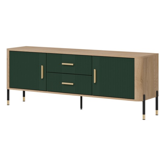 TV unit DANTE 164 cm, 2 doors and 2 drawers, cremona torro oak with green matt fronts TV unit DANTE 164 cm, 2 doors and 2 drawers, cremona torro oak with green matt fronts