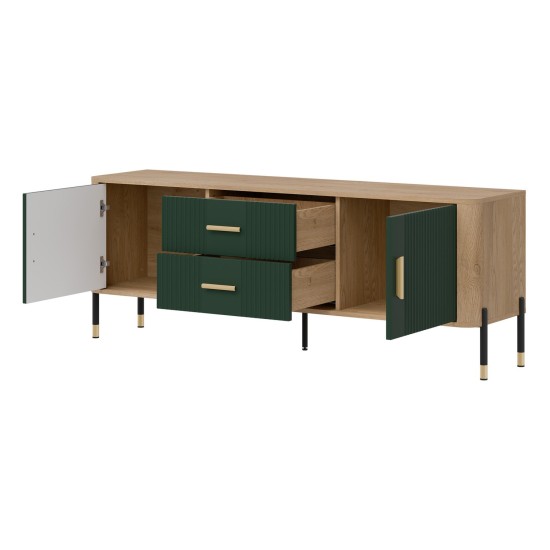 TV unit DANTE 164 cm, 2 doors and 2 drawers, cremona torro oak with green matt fronts TV unit DANTE 164 cm, 2 doors and 2 drawers, cremona torro oak with green matt fronts