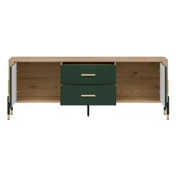 TV unit DANTE 164 cm, 2 doors and 2 drawers, cremona torro oak with green matt fronts