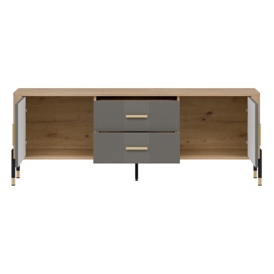 TV unit DANTE 164 cm, 2 doors and 2 drawers, cremona torro oak with grey matt fronts