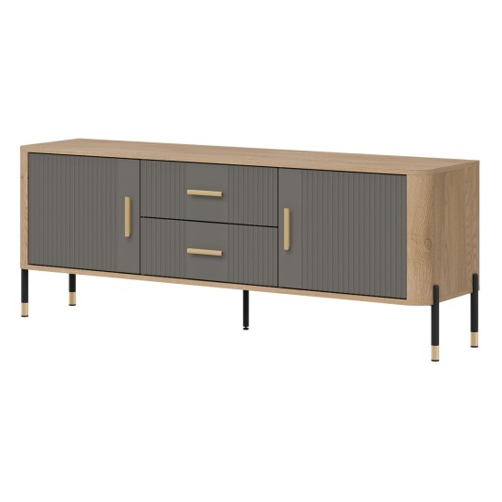 TV unit DANTE 164 cm, 2 doors and 2 drawers, cremona torro oak with grey matt fronts
