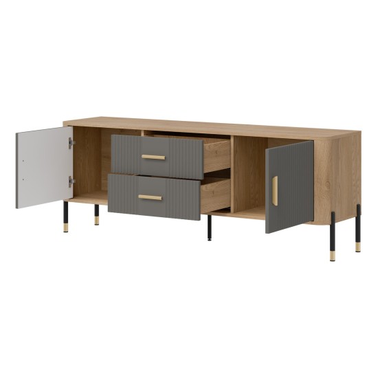 TV unit DANTE 164 cm, 2 doors and 2 drawers, cremona torro oak with grey matt fronts