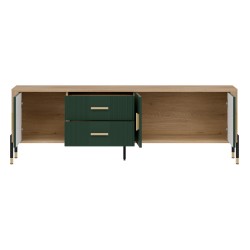 TV unit DANTE 186 cm, 3 doors and 2 drawers, cremona torro oak with green matt fronts