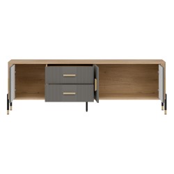 TV unit DANTE 186 cm, 3 doors and 2 drawers, cremona torro oak with grey matt fronts