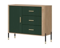 Комод DANTE 108 см, 1 дверь и 3 ящика, дуб кремона торро, фасады зелёный матовый