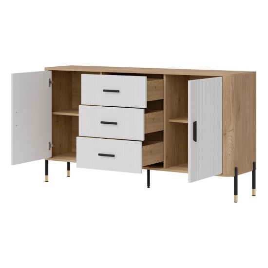 Chest of drawers DANTE 164 cm, 2 doors and 3 drawers, cremona torro oak with white matt fronts