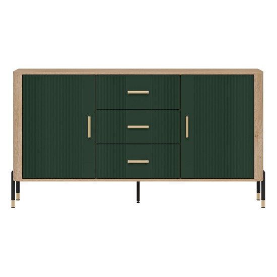 Chest of drawers DANTE 164 cm, 2 doors and 3 drawers, cremona torro oak with green matt fronts