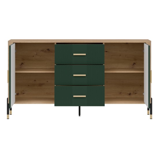 Chest of drawers DANTE 164 cm, 2 doors and 3 drawers, cremona torro oak with green matt fronts