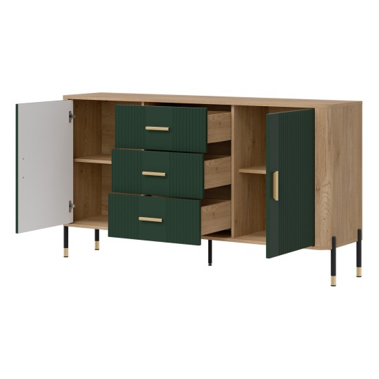 Chest of drawers DANTE 164 cm, 2 doors and 3 drawers, cremona torro oak with green matt fronts