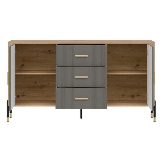 Chest of drawers DANTE 164 cm, 2 doors and 3 drawers, cremona torro oak with grey matt fronts