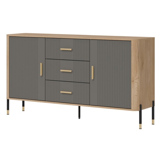 Chest of drawers DANTE 164 cm, 2 doors and 3 drawers, cremona torro oak with grey matt fronts