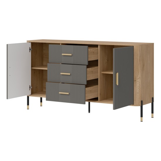 Chest of drawers DANTE 164 cm, 2 doors and 3 drawers, cremona torro oak with grey matt fronts