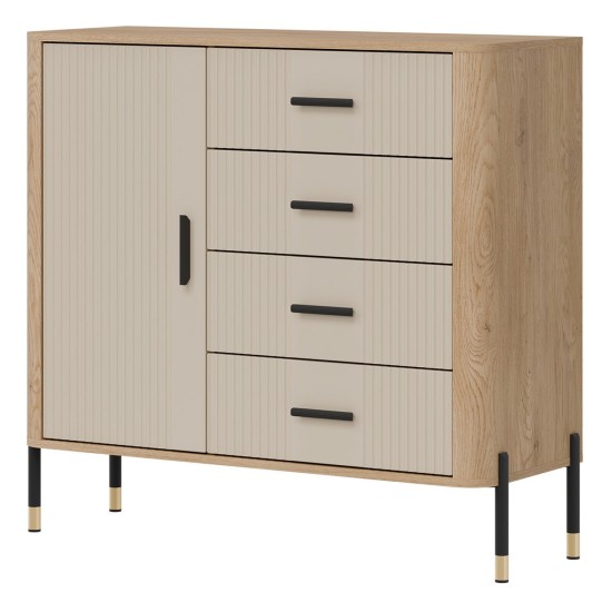 Chest of drawers DANTE 108 cm, 1 door and 4 drawers, cremona torro oak with cashmere matt fronts