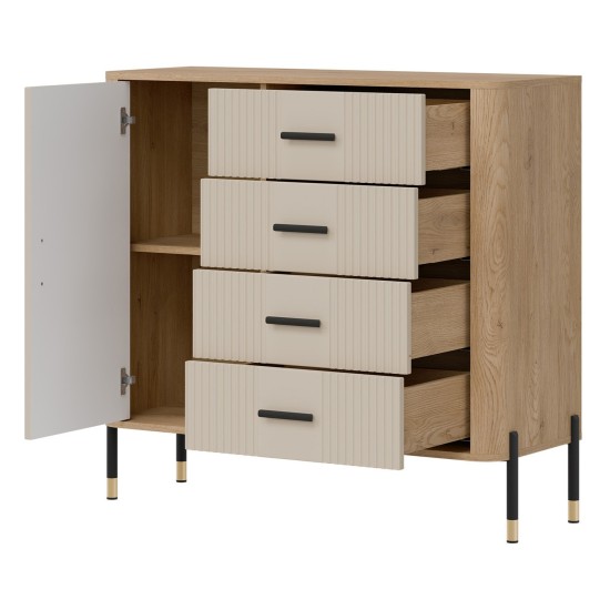 Chest of drawers DANTE 108 cm, 1 door and 4 drawers, cremona torro oak with cashmere matt fronts