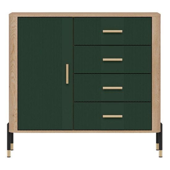 Chest of drawers DANTE 108 cm, 1 door and 4 drawers, cremona torro oak with green matt fronts