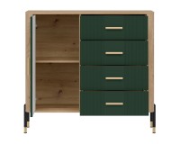 Chest of drawers DANTE 108 cm, 1 door and 4 drawers, cremona torro oak with green matt fronts