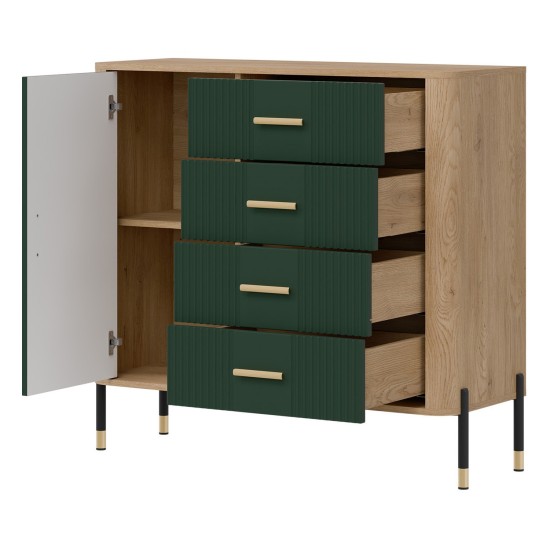 Chest of drawers DANTE 108 cm, 1 door and 4 drawers, cremona torro oak with green matt fronts