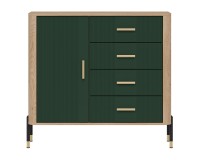 שידה DANTE 108, 1 דלת ו 4 מגירות, אלון קרמונה טורו עם חזיתות ירוק מט