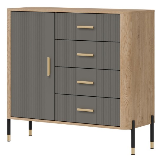 Chest of drawers DANTE 108 cm, 1 door and 4 drawers, cremona torro oak with grey matt fronts