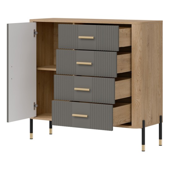 Chest of drawers DANTE 108 cm, 1 door and 4 drawers, cremona torro oak with grey matt fronts