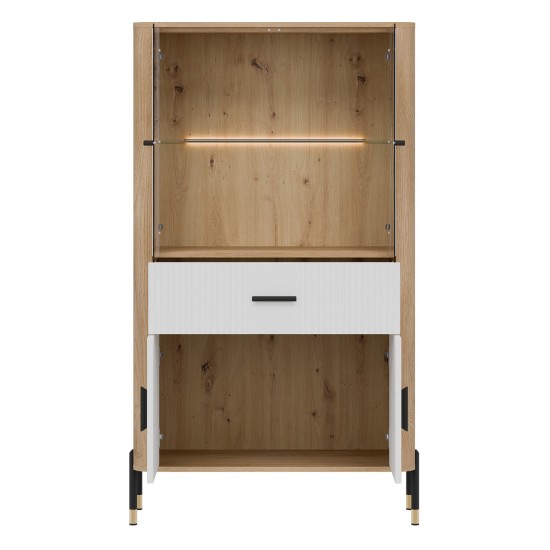 Display cabinet DANTE 93 cm, 4 doors and 1 drawer, cremona torro oak with white matt fronts