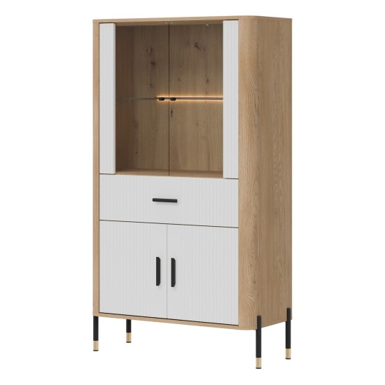 Display cabinet DANTE 93 cm, 4 doors and 1 drawer, cremona torro oak with white matt fronts