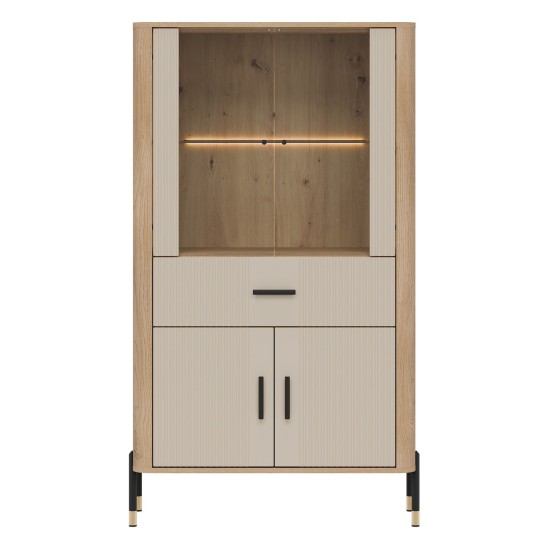 Display cabinet DANTE 93 cm, 4 doors and 1 drawer, cremona torro oak with cashmere matt fronts
