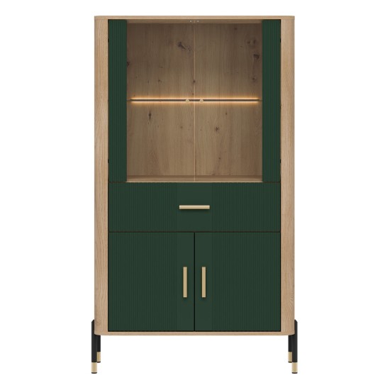 Display cabinet DANTE 93 cm, 4 doors and 1 drawer, cremona torro oak with green matt fronts
