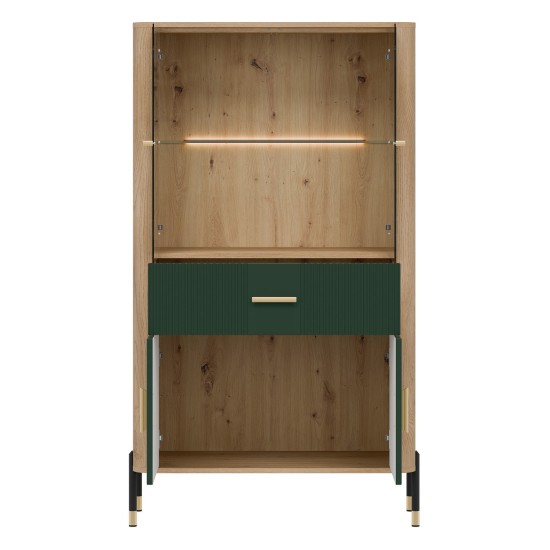 Display cabinet DANTE 93 cm, 4 doors and 1 drawer, cremona torro oak with green matt fronts