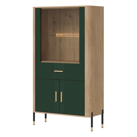 Display cabinet DANTE 93 cm, 4 doors and 1 drawer, cremona torro oak with green matt fronts