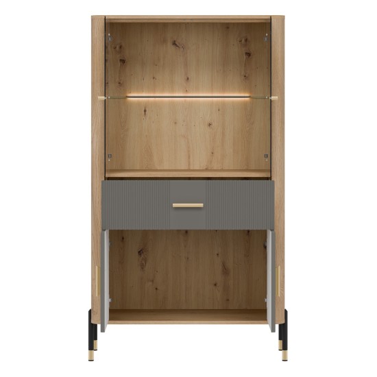 Display cabinet DANTE 93 cm, 4 doors and 1 drawer, cremona torro oak with grey matt fronts