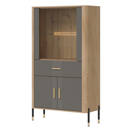 Display cabinet DANTE 93 cm, 4 doors and 1 drawer, cremona torro oak with grey matt fronts